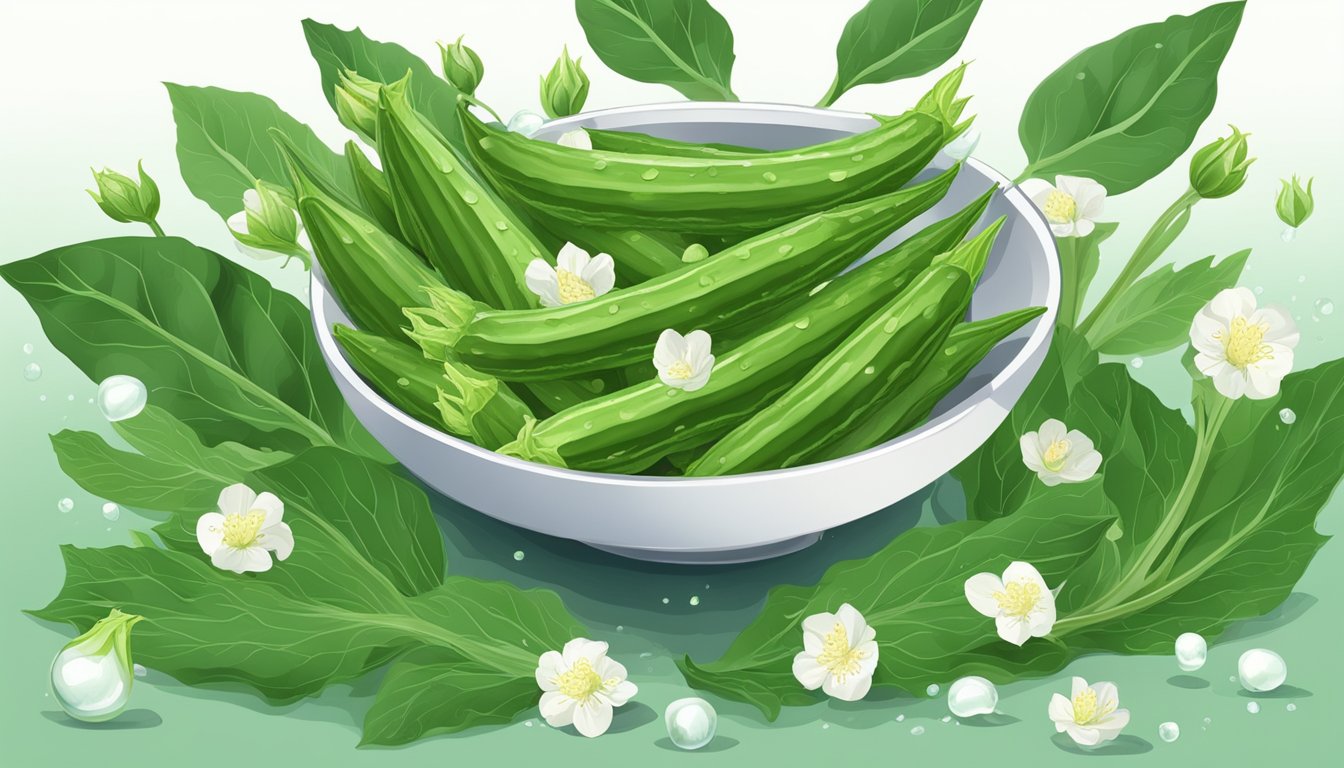 A bowl of fresh okra with water droplets, surrounded by green leaves and a few blossoms