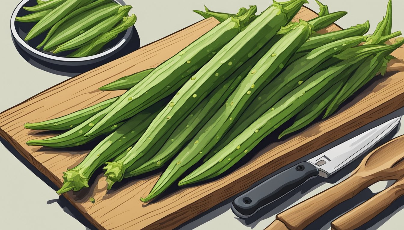 A pile of fresh okra on a cutting board, with a knife nearby