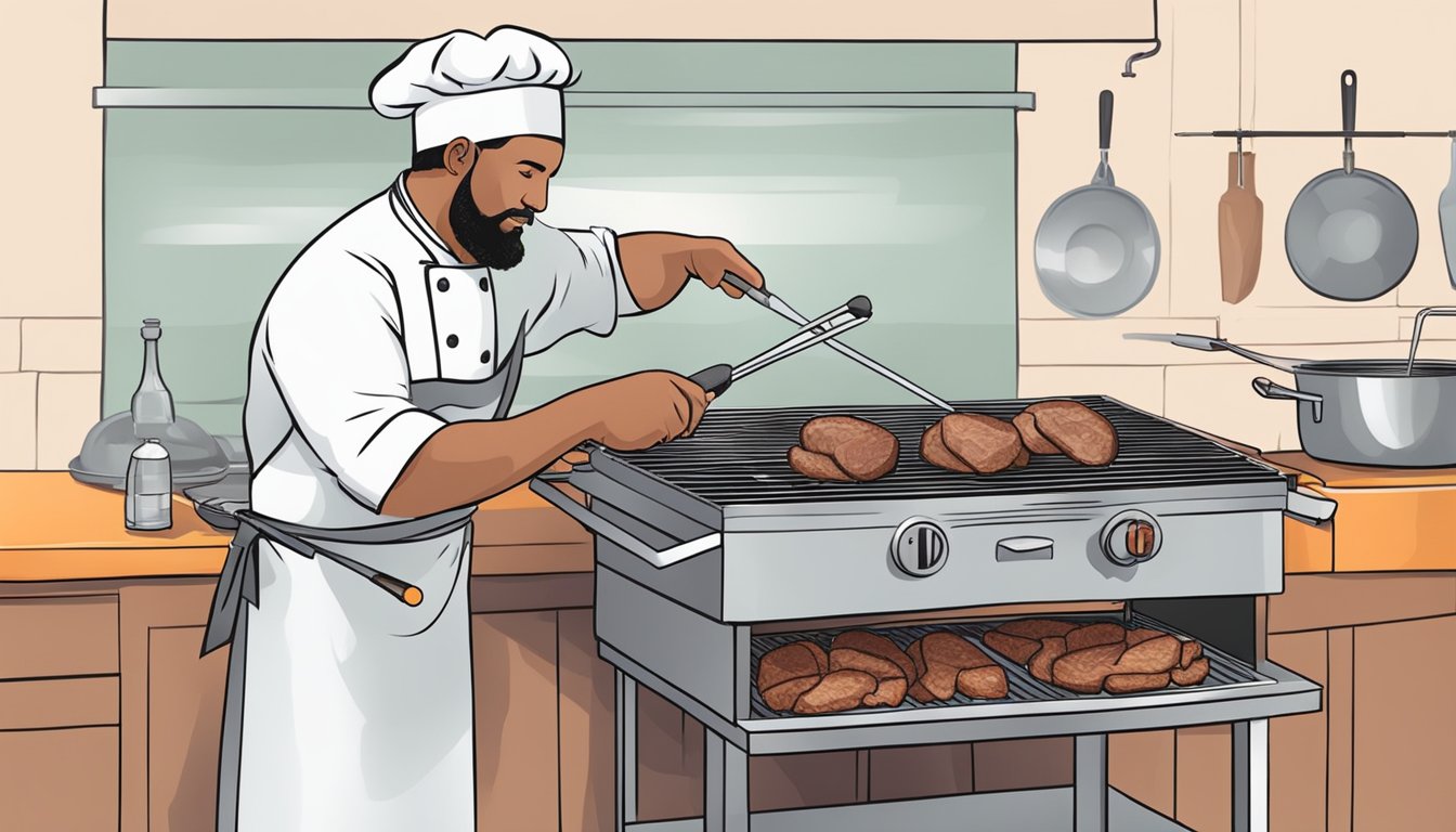 A chef cooking goat meat on a grill, using a meat thermometer to check for doneness