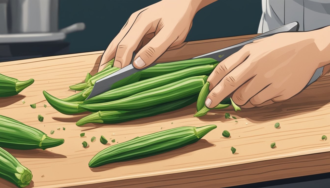 A person slicing fresh okra on a cutting board