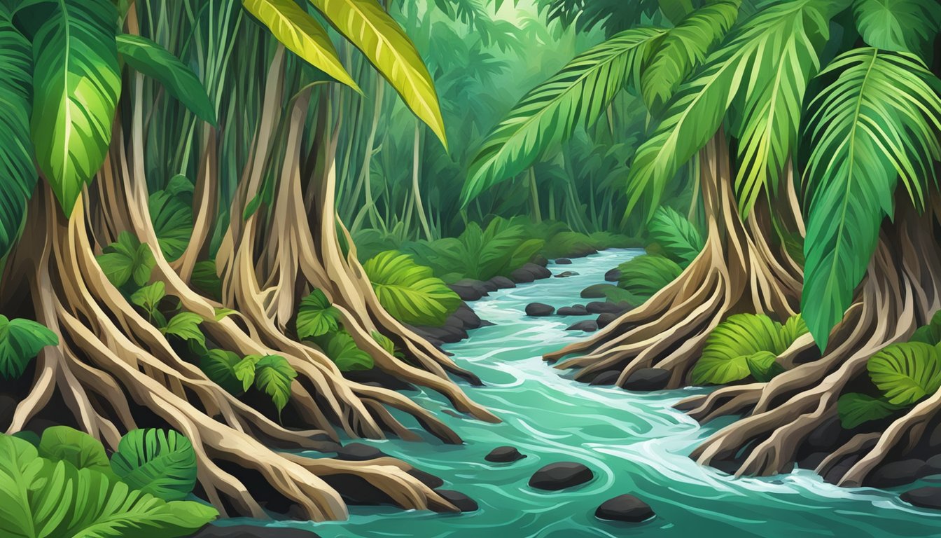 A colorful array of fresh yuca roots, surrounded by vibrant green leaves and a clear, flowing stream