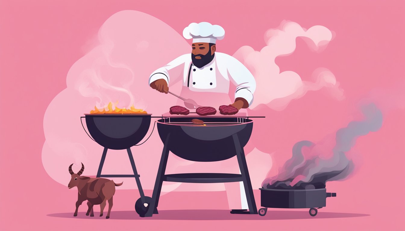 A chef grilling goat meat on a barbecue, with the meat appearing pink and undercooked. Smoke rises from the grill