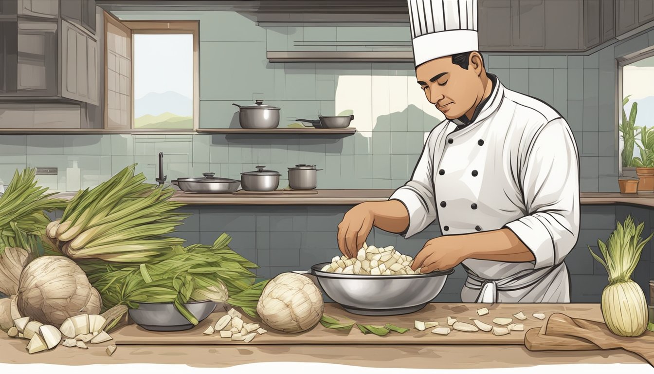 A chef peeling and washing yuca, then cutting it into small pieces for cooking