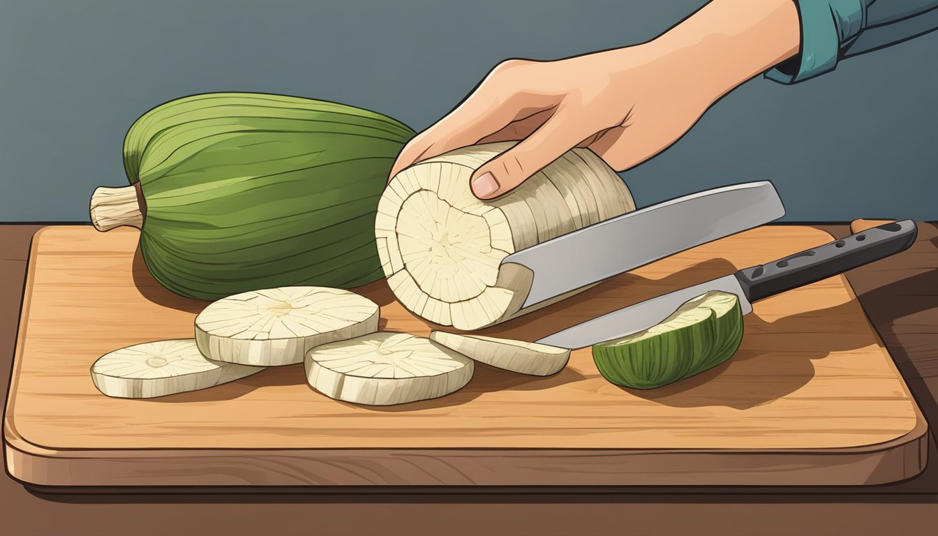 A person slicing and peeling yuca with a knife on a cutting board