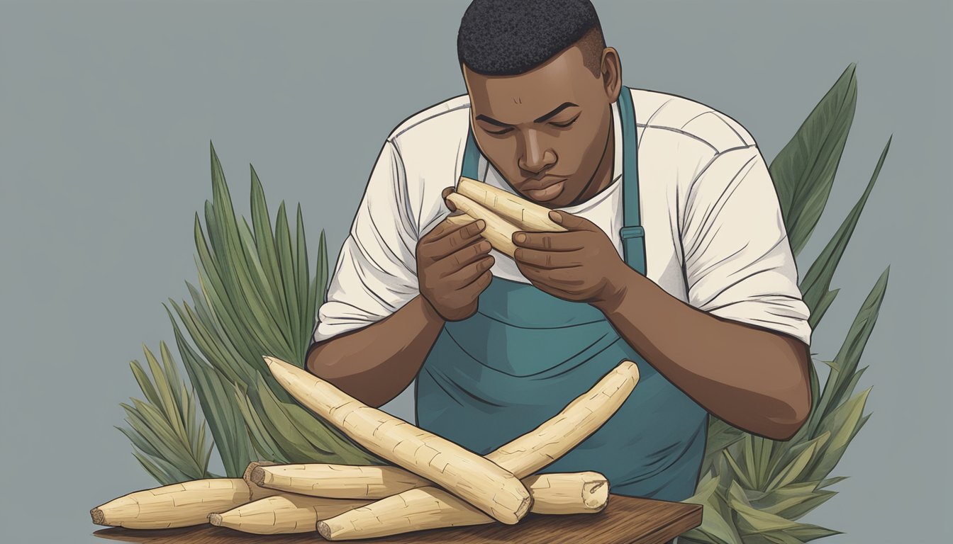 A person holding a peeled yuca root and examining it for safety, with a cautious expression on their face