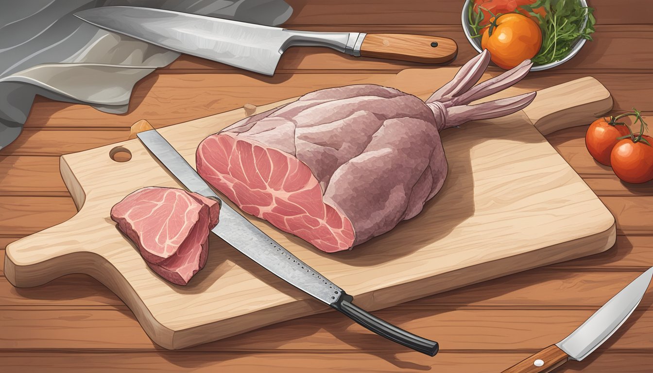 A rabbit carcass on a cutting board, with a chef's knife and a meat thermometer nearby