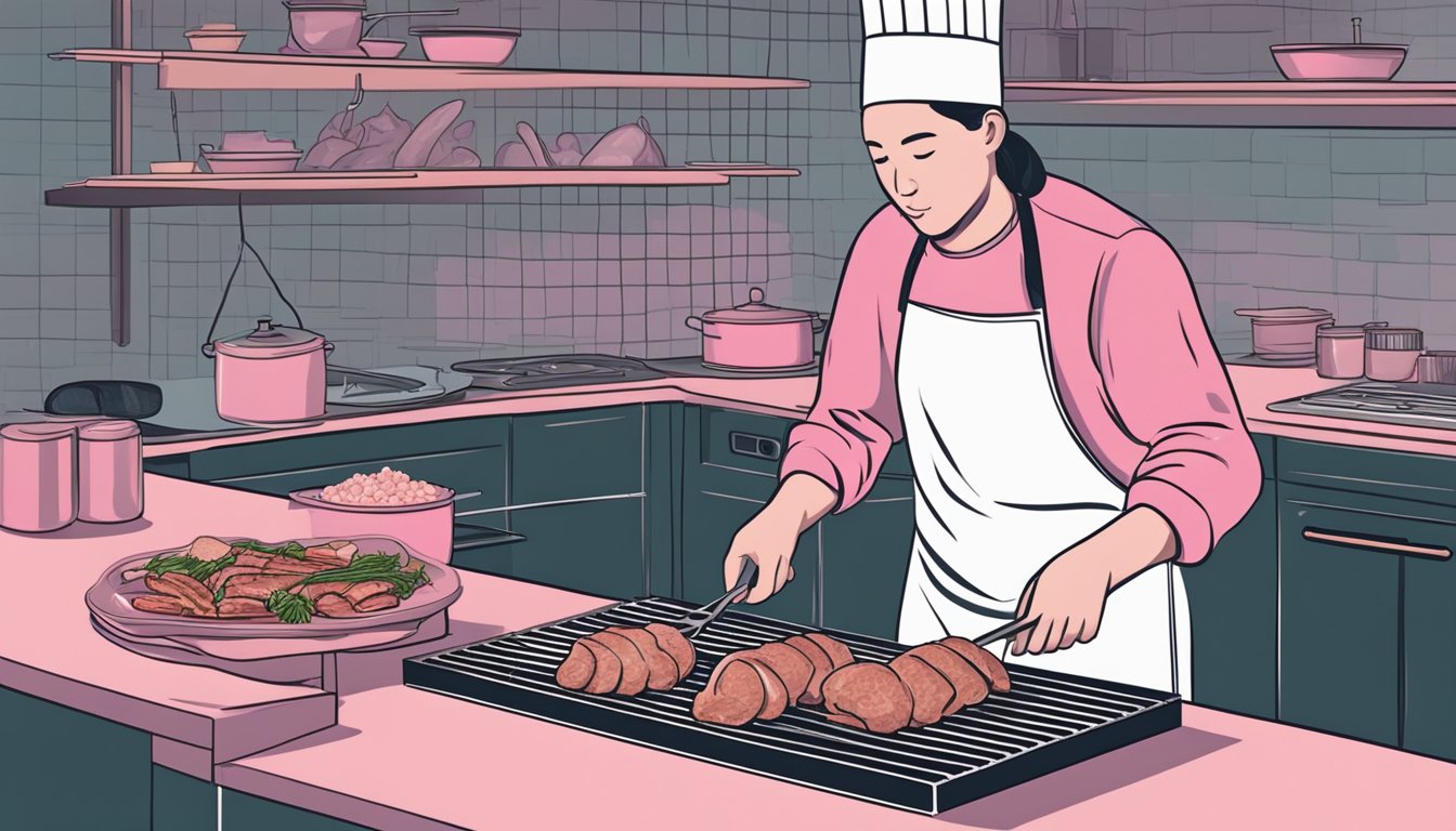 A person cooking rabbit meat on a grill, with the inside still pink and undercooked