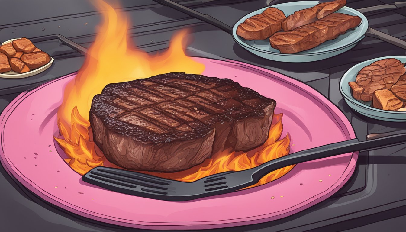 A sizzling bison steak on a grill, pink and undercooked in the center, with a warning sign nearby