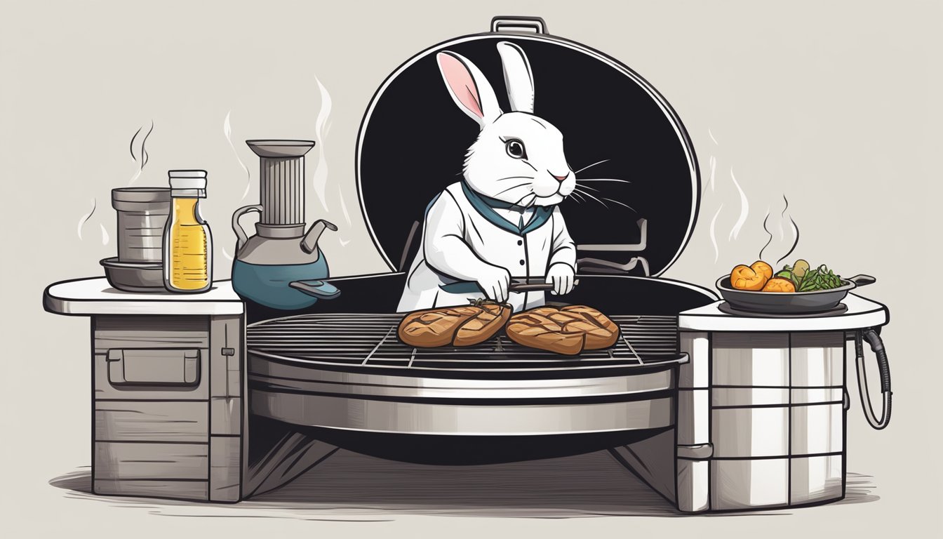 A rabbit being cooked on a grill with a thermometer measuring internal temperature