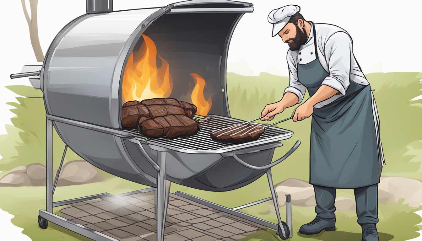 A chef grilling bison meat to perfection on a barbecue, with a thermometer inserted to ensure it is cooked to a safe temperature