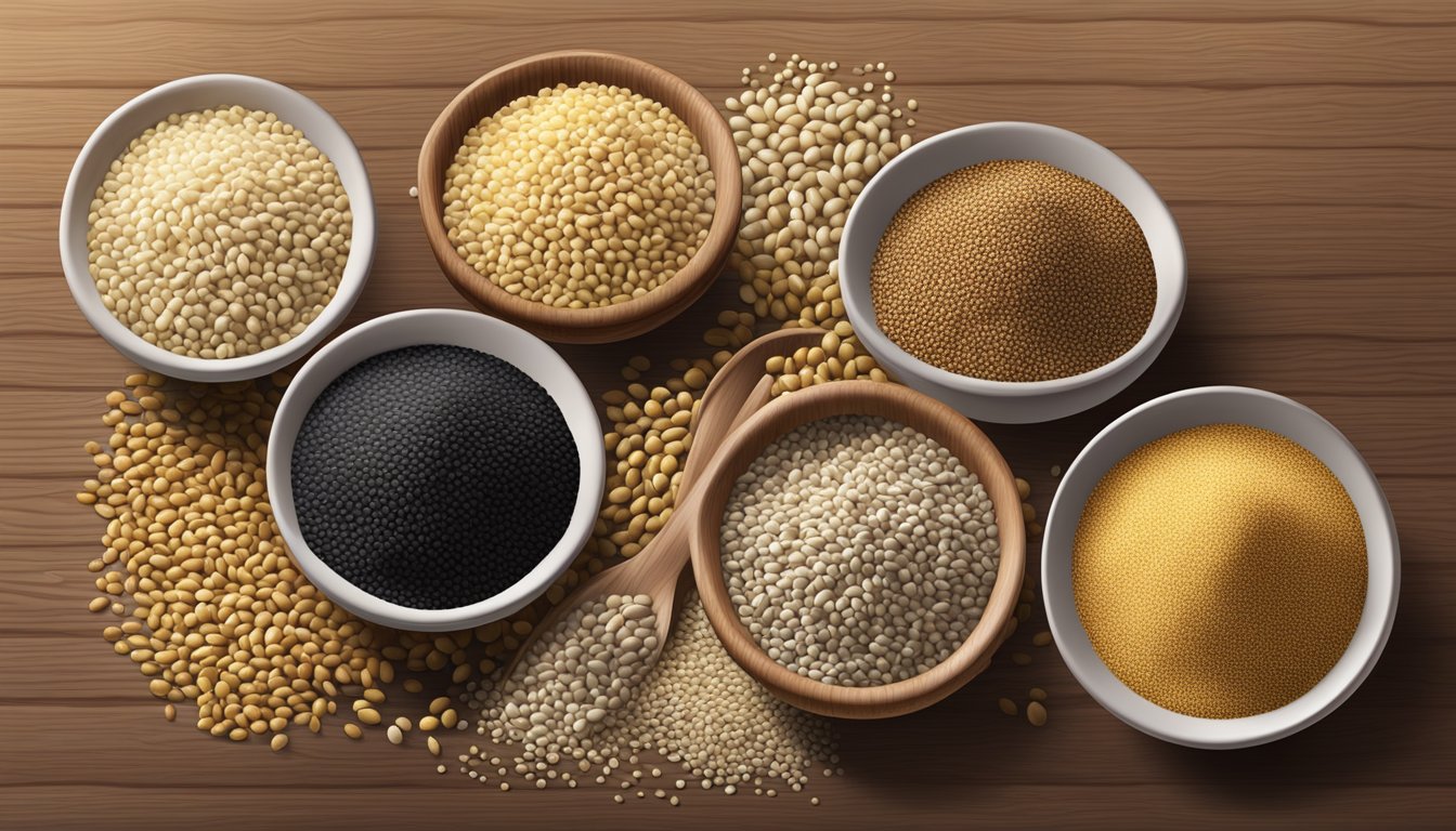 A variety of sesame seeds in different forms and colors, including whole, ground, and oil, displayed on a wooden surface