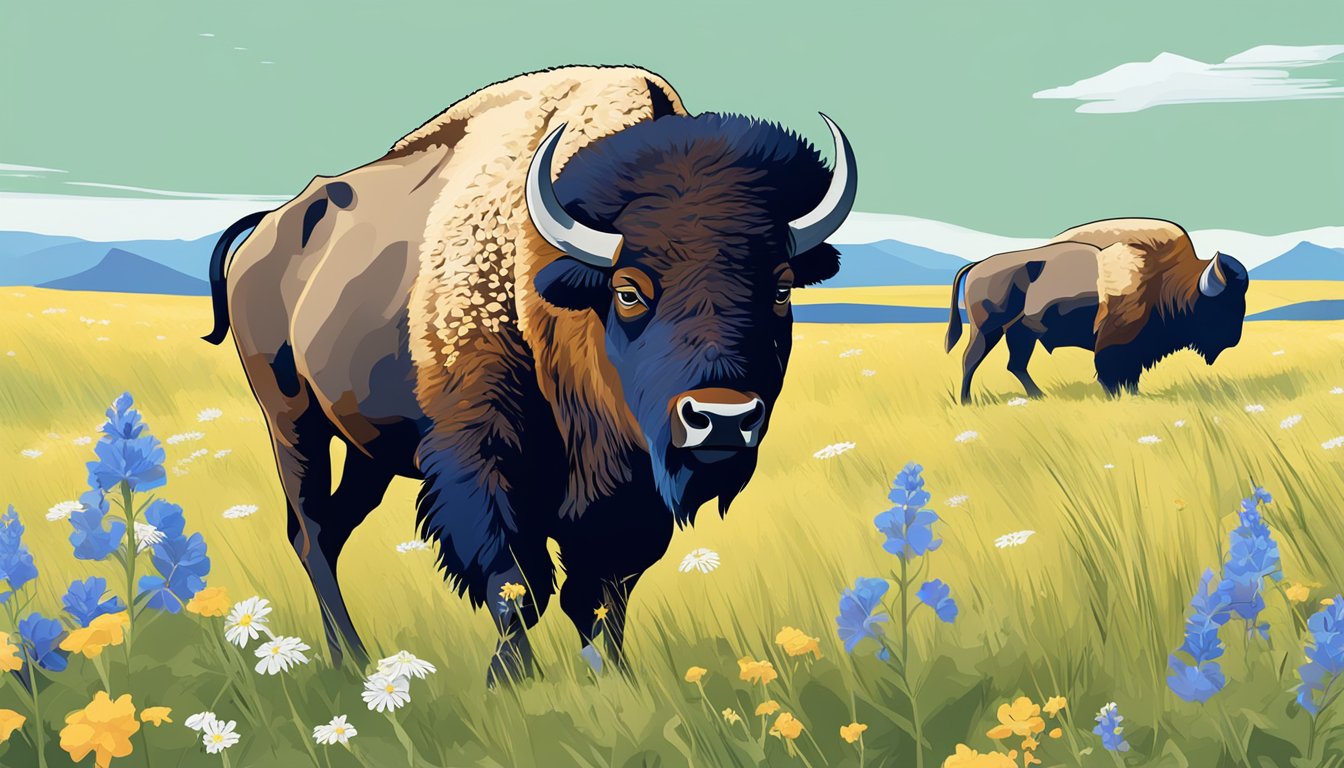 A bison grazing in a lush meadow, surrounded by wildflowers and a clear blue sky