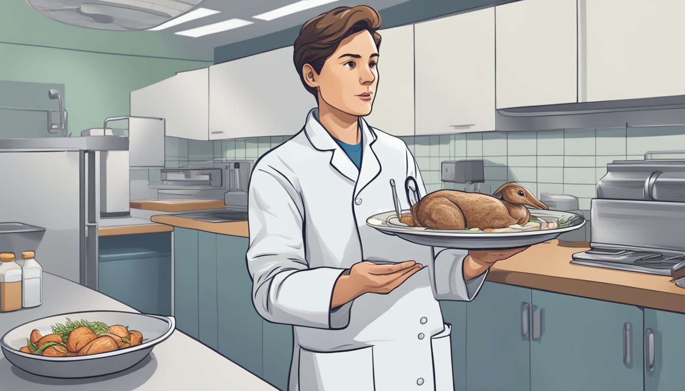 A person holding a plate of undercooked rabbit, looking uncertain. A medical professional is visible in the background, gesturing toward the plate