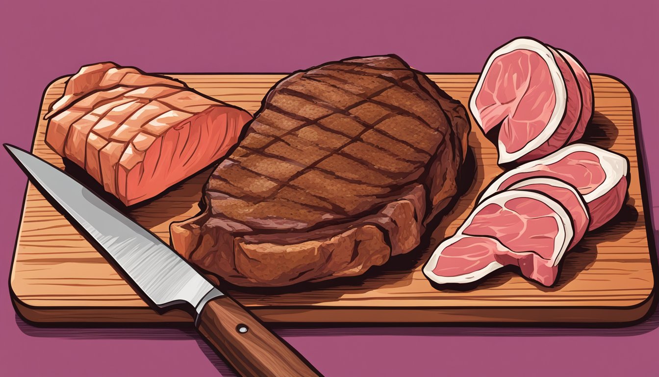 A bison steak sits on a cutting board next to a raw chicken breast and a raw pork chop