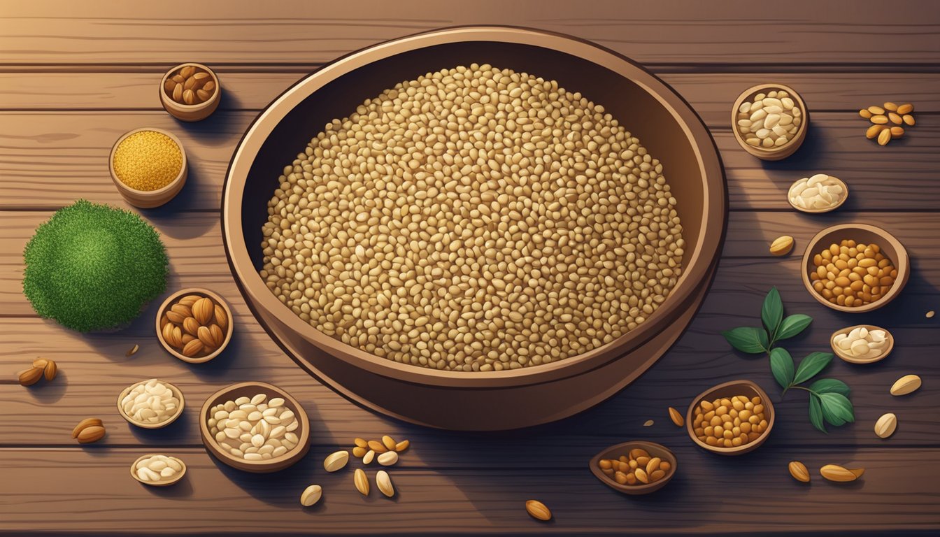 A bowl of raw sesame seeds surrounded by a variety of seeds, nuts, and grains on a wooden table