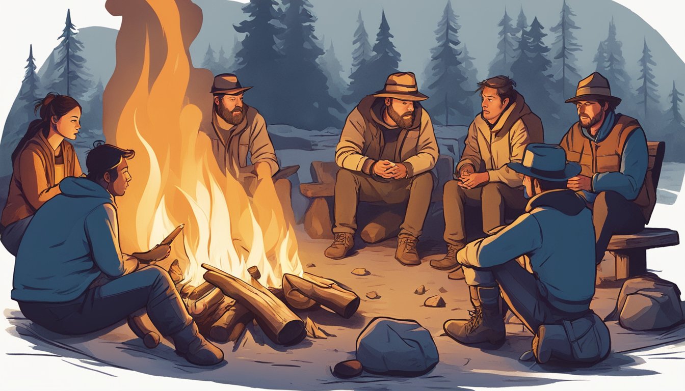 A group of people gathered around a campfire, discussing the safety of eating rare bison meat. The fire casts a warm glow on their faces as they debate the topic