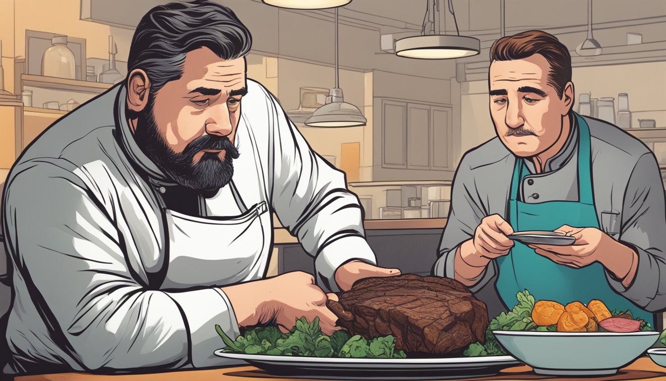 A chef nervously inspects a rare bison steak with a worried expression, while a concerned diner looks on