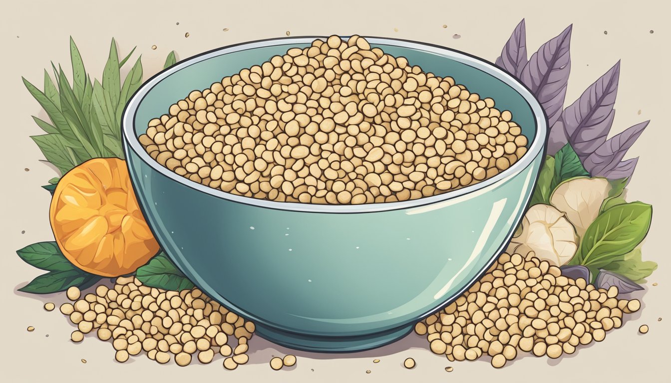 A bowl of raw sesame seeds surrounded by various health condition symbols