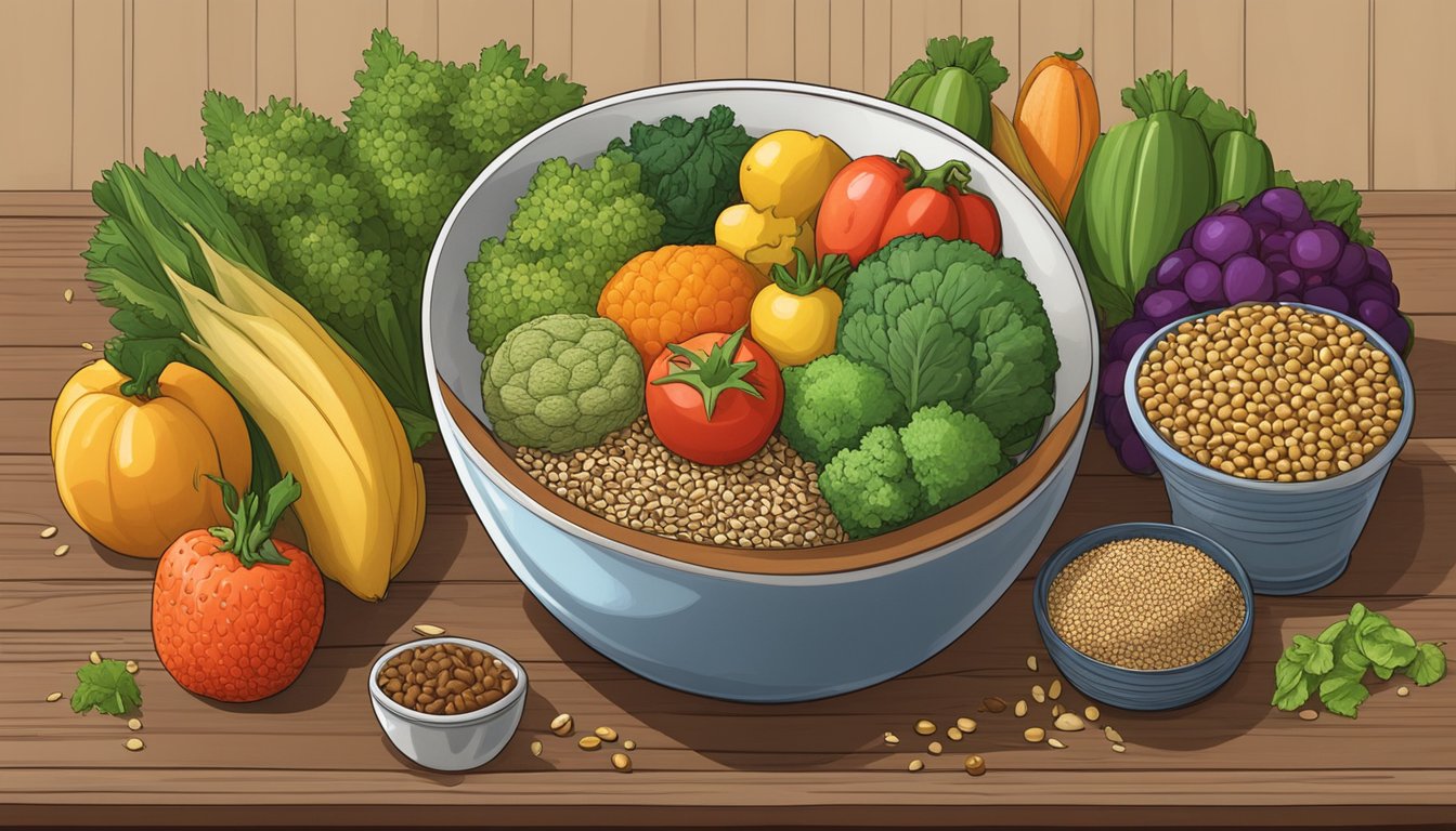 A bowl of mixed seeds, including sesame, sits on a wooden table next to a variety of fresh fruits and vegetables