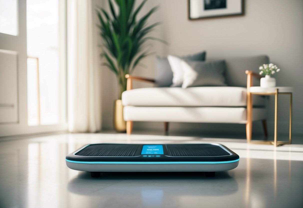 A sleek, modern walking pad sits in a sunlit room, surrounded by minimalist decor. The device's digital display shows the time and distance walked