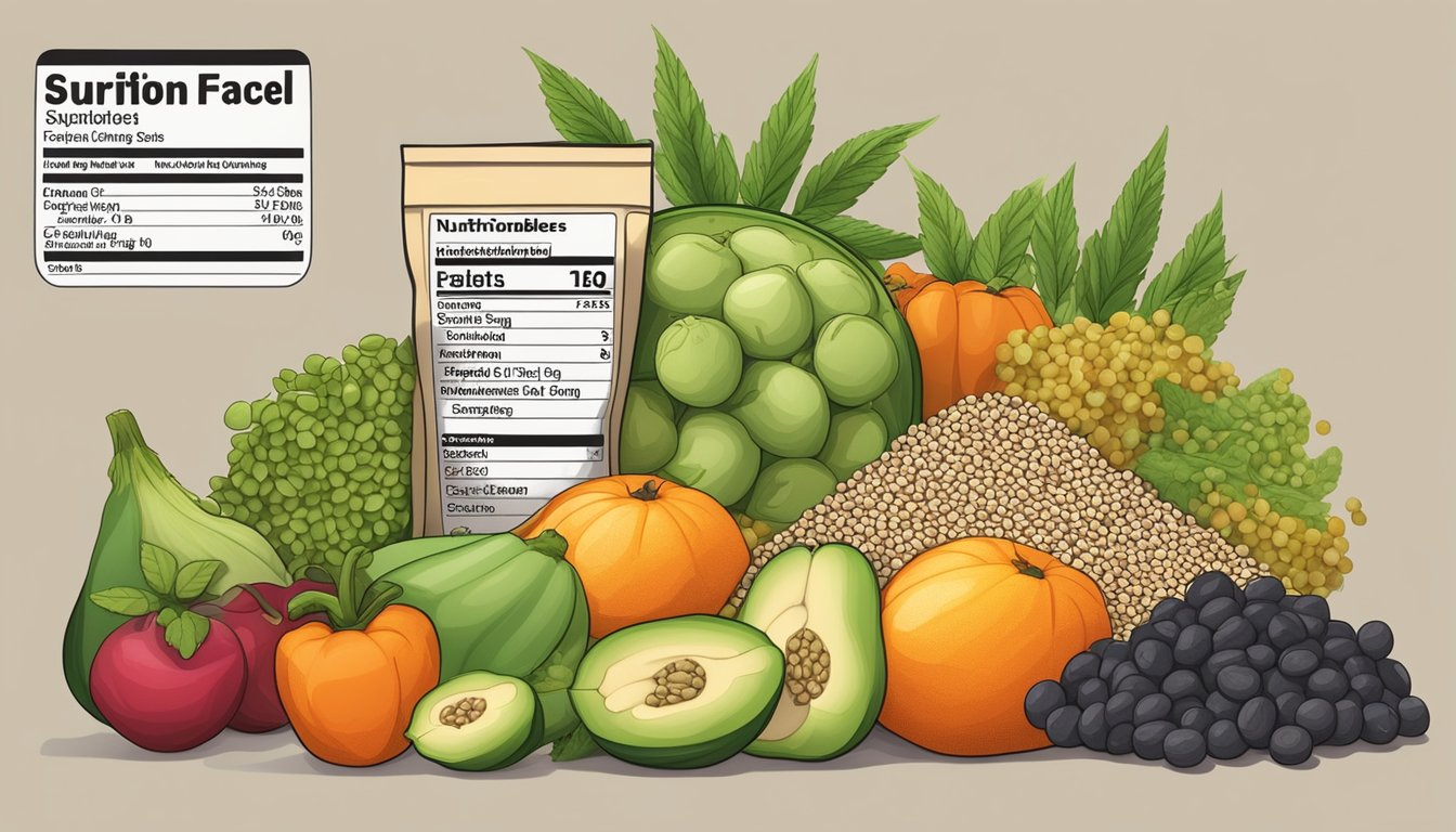 A pile of raw hemp seeds surrounded by various fruits and vegetables, with a nutrition label in the background