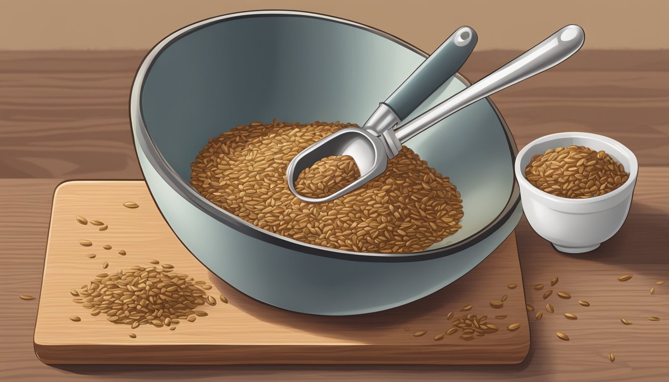 A bowl of flaxseeds sits on a wooden cutting board, surrounded by a mortar and pestle, a measuring spoon, and a mixing bowl