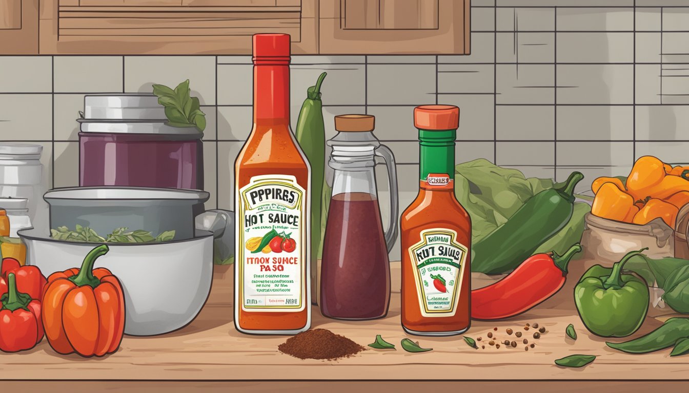 A bottle of hot sauce sits on a kitchen counter, surrounded by various ingredients like peppers, vinegar, and spices. The label shows an expiration date