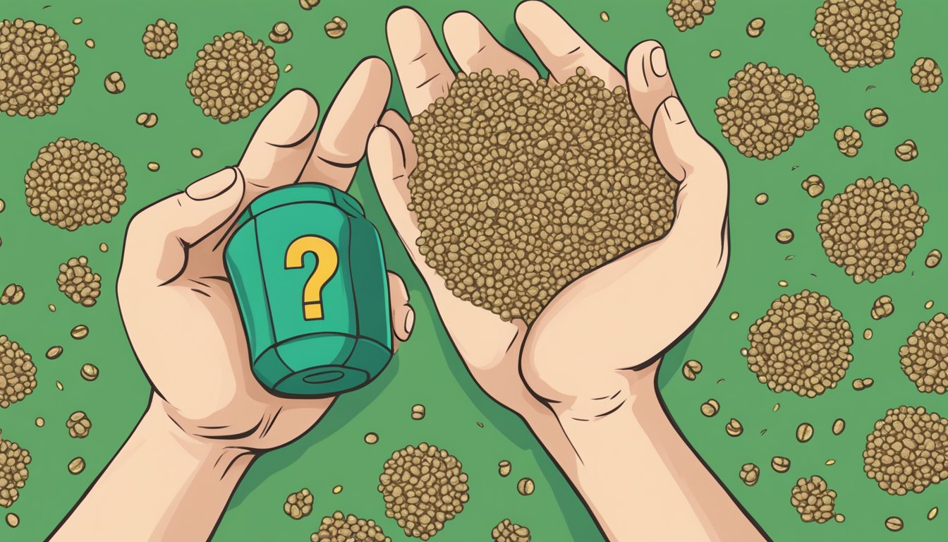 A person holding a handful of hemp seeds, with a question mark and a caution sign hovering above them