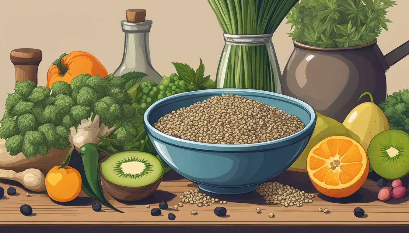 A bowl of raw hemp seeds surrounded by various fruits and vegetables, with a chef's knife and cutting board in the background