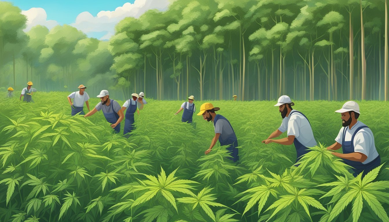 A field of tall, green hemp plants swaying in the breeze, with a small group of workers harvesting the seeds