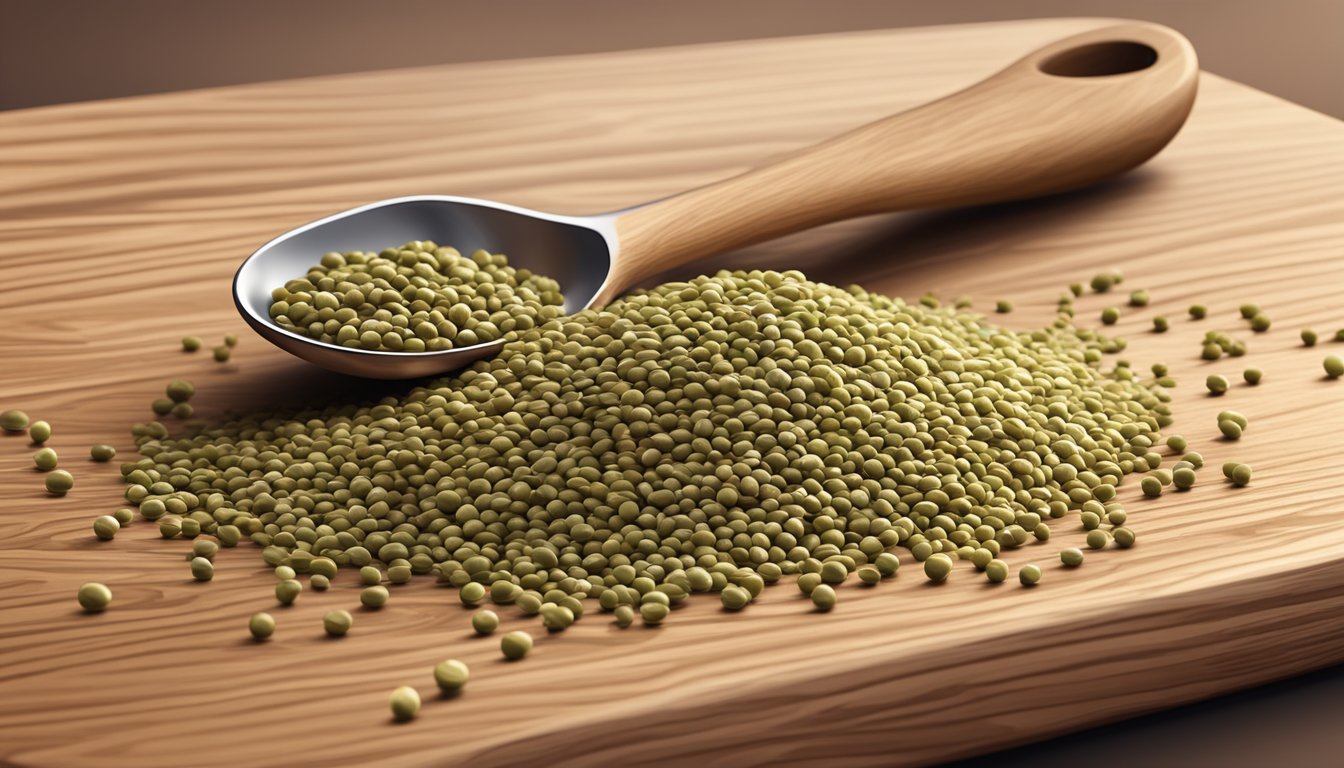 A pile of raw hemp seeds scattered on a wooden cutting board, surrounded by a few scattered seeds and a small spoon