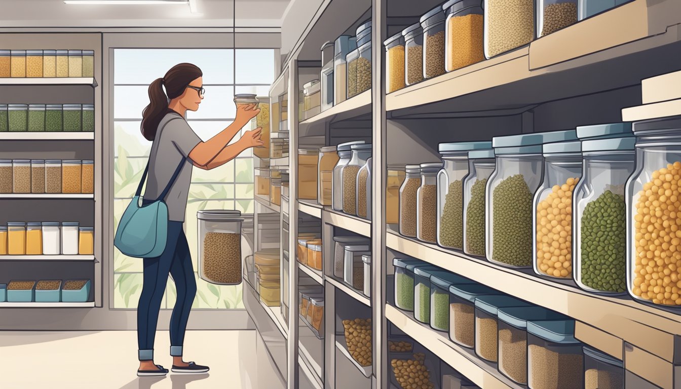 A person purchasing hemp seeds from a health food store and then storing them in an airtight container in the pantry