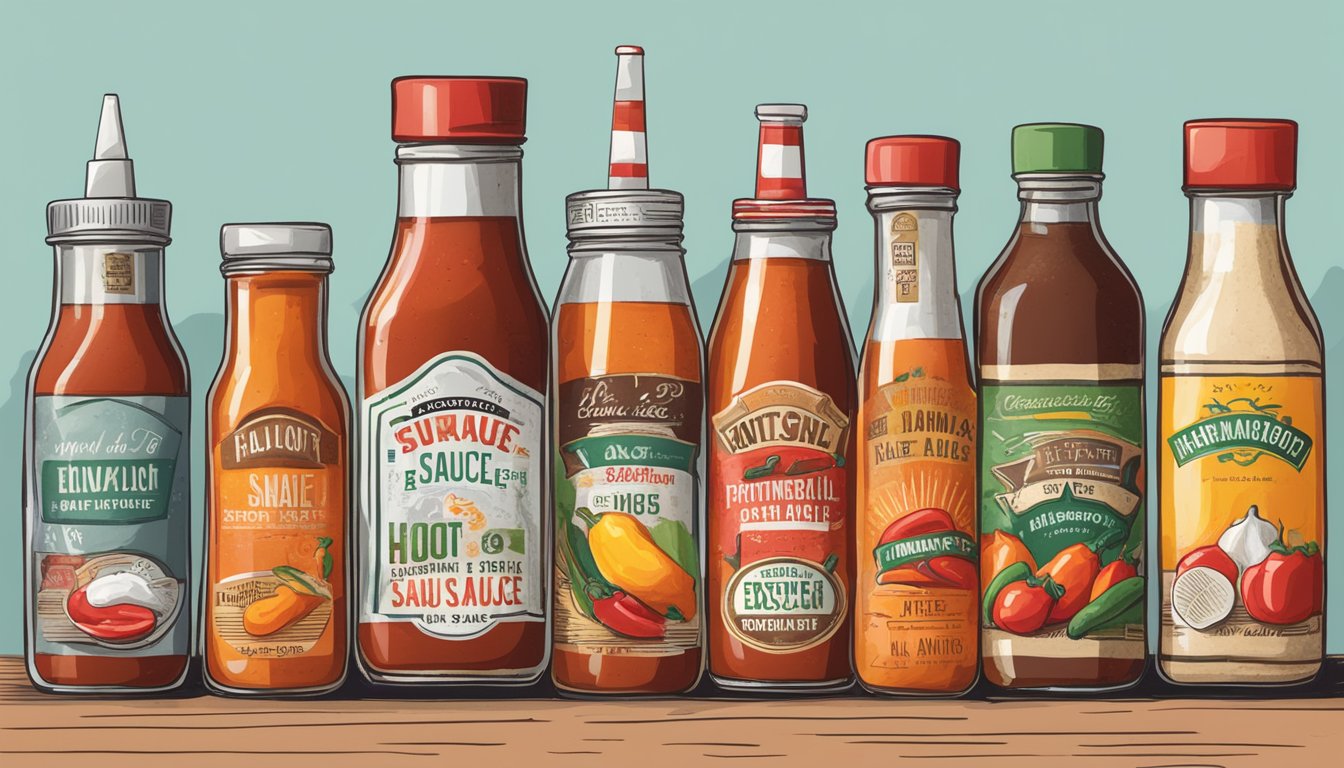 A table with various bottles of hot sauce, some homemade and some commercial, with expiration dates clearly labeled