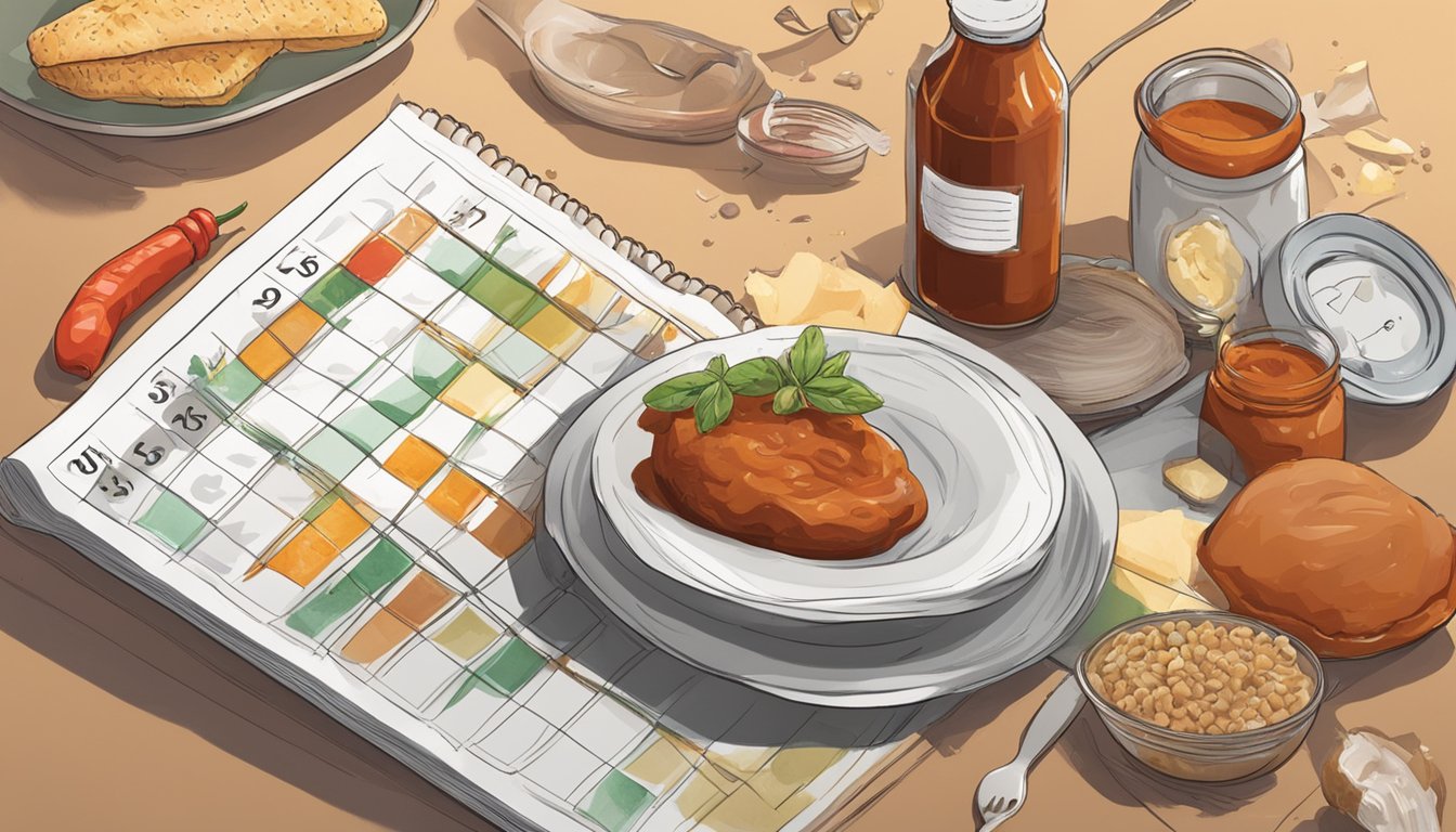 A bottle of barbecue sauce sits next to a calendar, with the date circled. The sauce is surrounded by various food items, some expired and some not