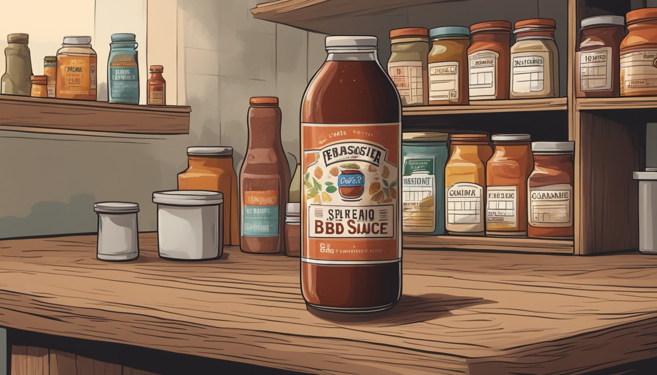 A bottle of BBQ sauce with a faded label sits on a dusty shelf, surrounded by other expired condiments. A calendar on the wall shows the passage of time