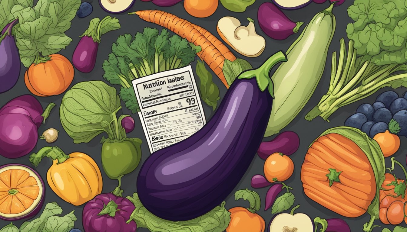 A whole eggplant surrounded by various fruits and vegetables, with a nutrition label in the background