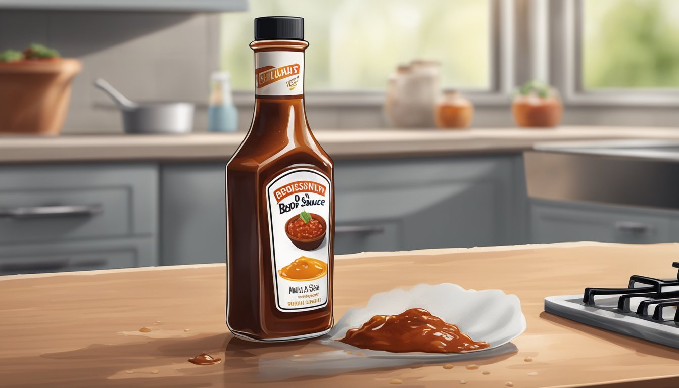 A bottle of BBQ sauce sits on a kitchen counter, with moldy spots forming on the surface and a foul odor emanating from the bottle