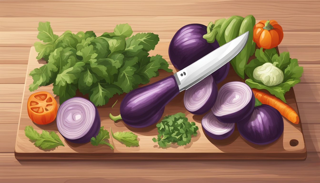 A person slicing raw eggplant with a knife on a cutting board surrounded by various vegetables