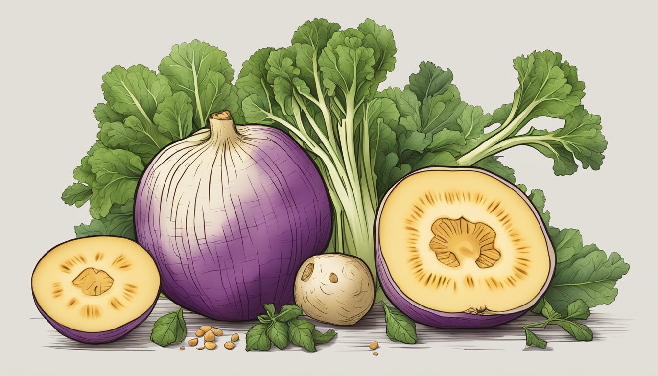 A rutabaga with a sliced cross-section, surrounded by other fresh vegetables