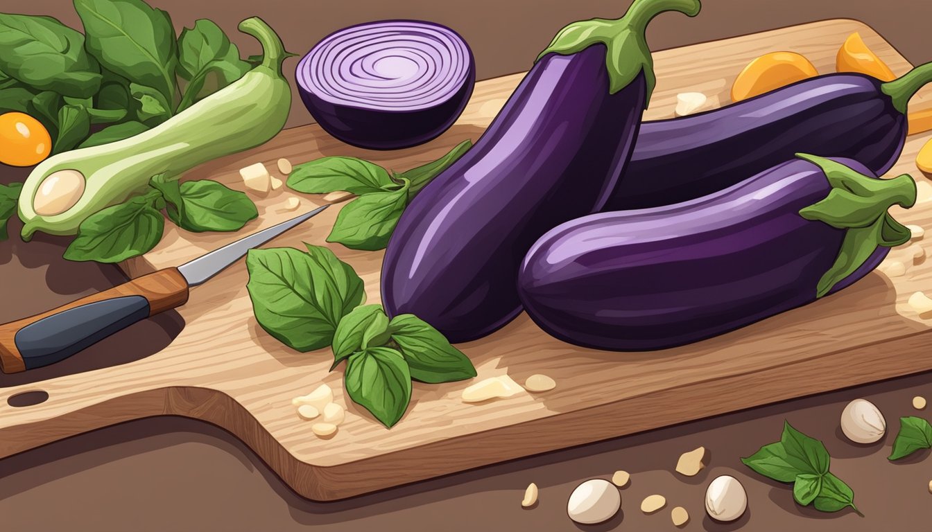 A colorful array of fresh eggplants, sliced and arranged on a cutting board, with various kitchen utensils and ingredients nearby