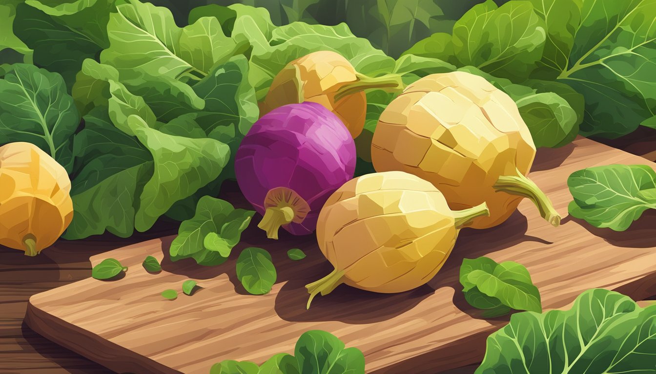 A colorful pile of fresh rutabaga sits on a wooden cutting board, surrounded by vibrant green leaves and a few scattered dirt particles