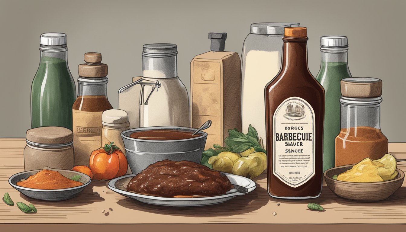 A bottle of barbecue sauce sits on a kitchen counter, surrounded by various condiments and spices. The label on the bottle is faded, indicating it may be expired