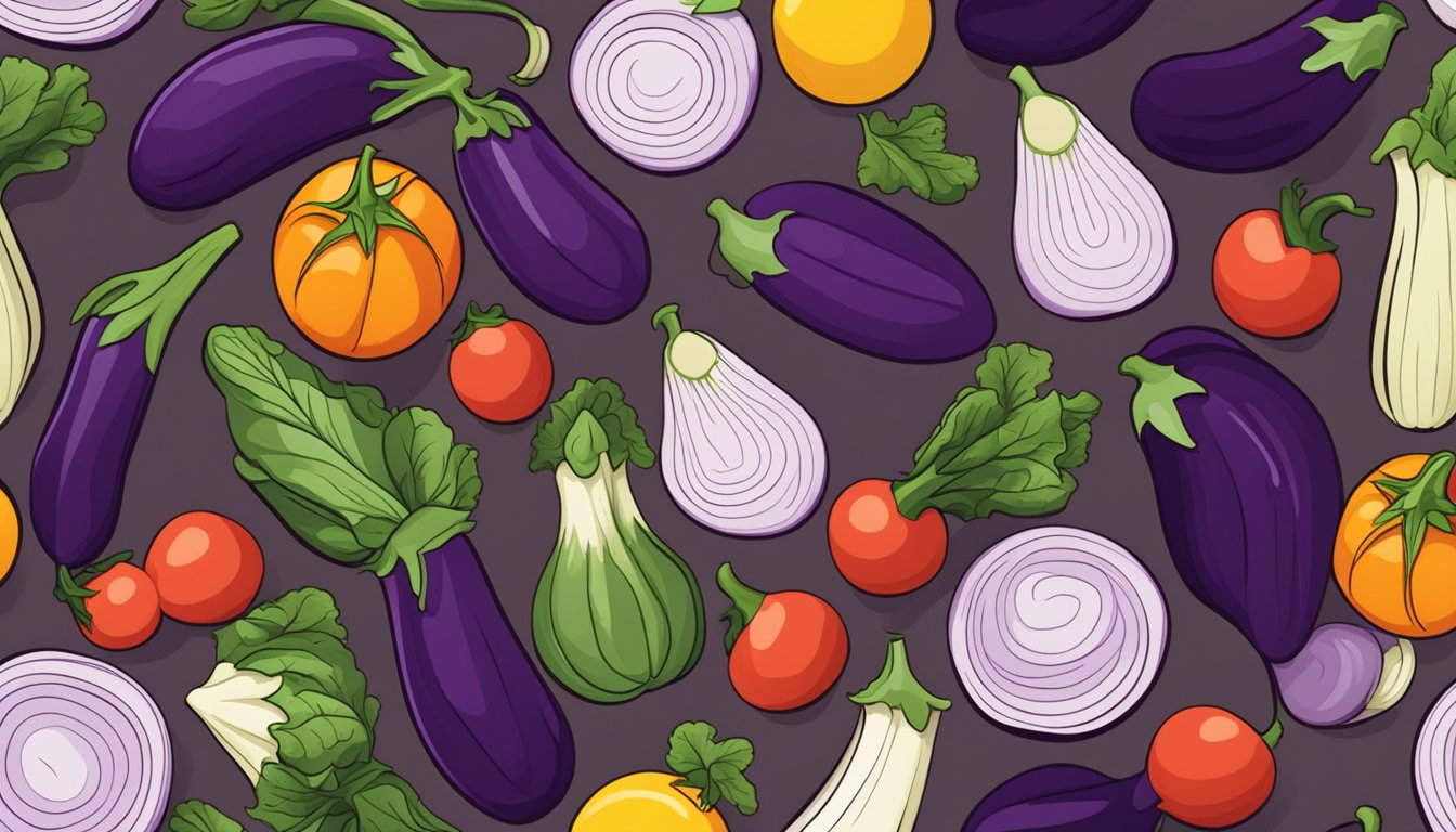 A colorful array of fresh vegetables, including vibrant purple eggplants, arranged on a wooden cutting board