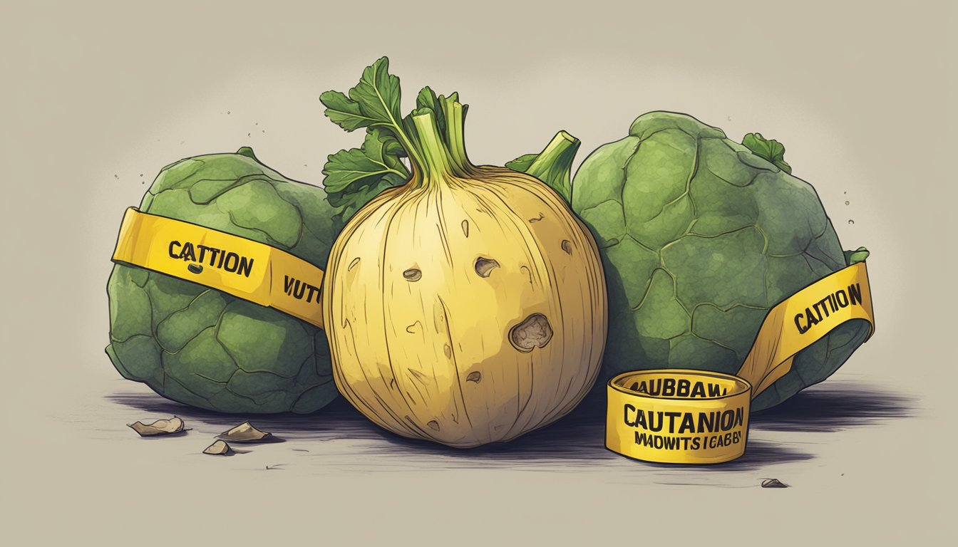 A whole raw rutabaga surrounded by caution tape and warning signs