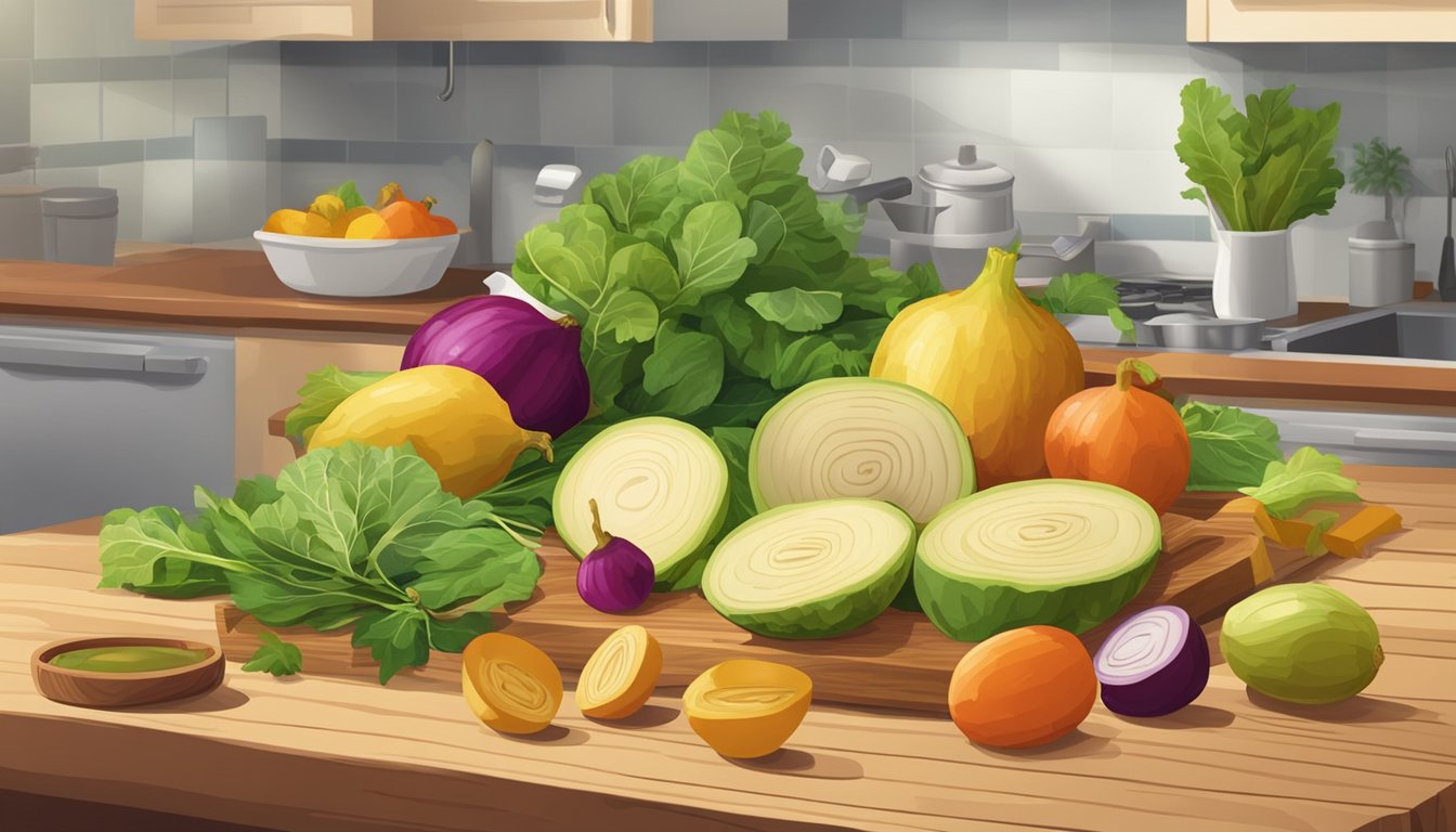 A colorful array of fresh rutabagas arranged on a wooden cutting board, surrounded by various kitchen utensils and ingredients