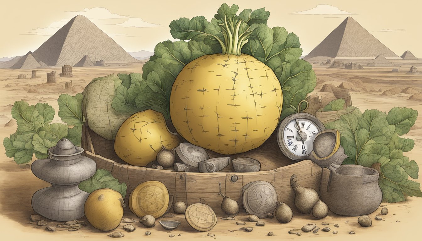 A rutabaga surrounded by ancient artifacts and symbols, with a historical timeline in the background