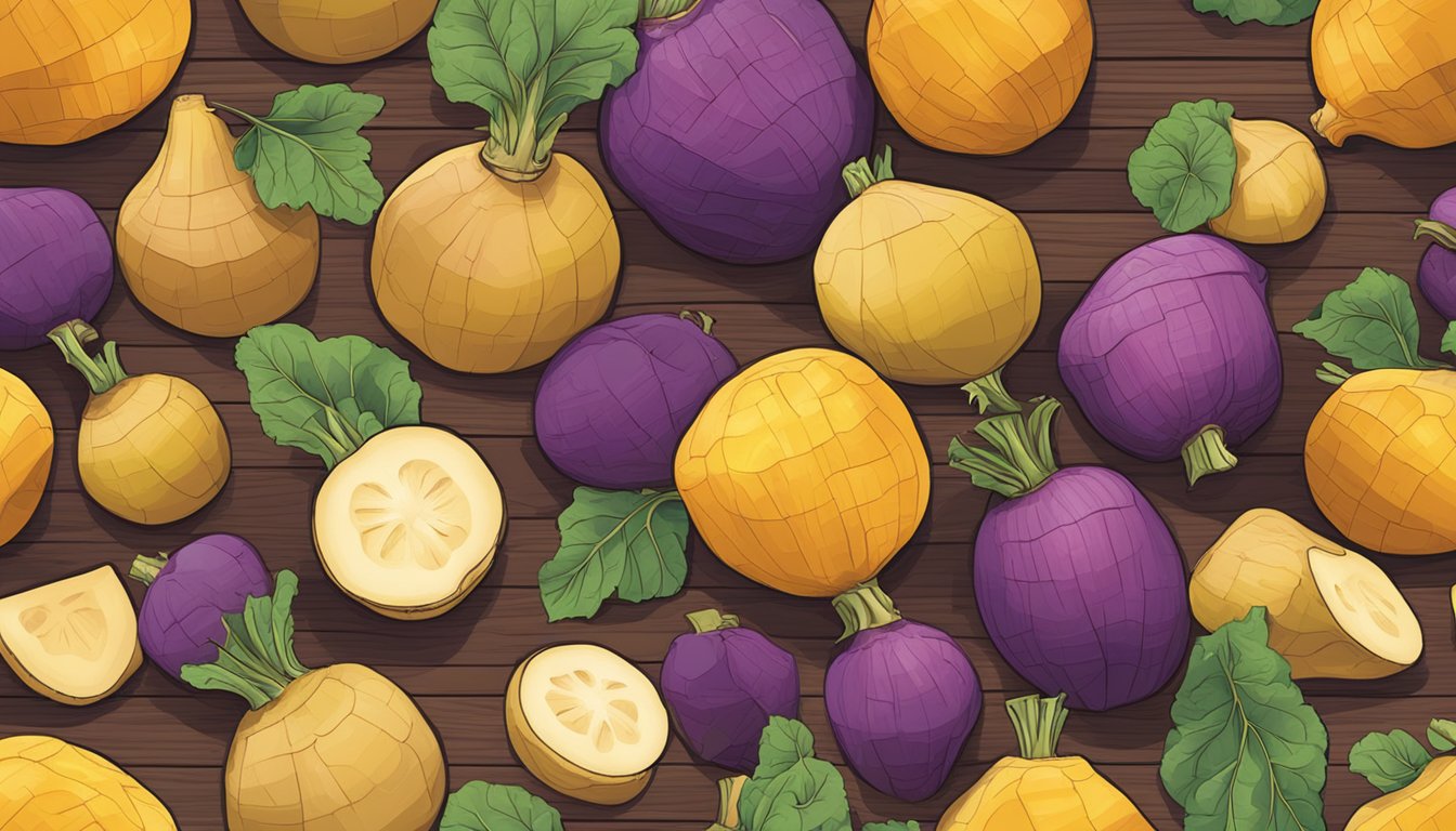 A colorful array of rutabaga varieties displayed on a wooden table, with one rutabaga cut open to show its vibrant yellow and purple flesh