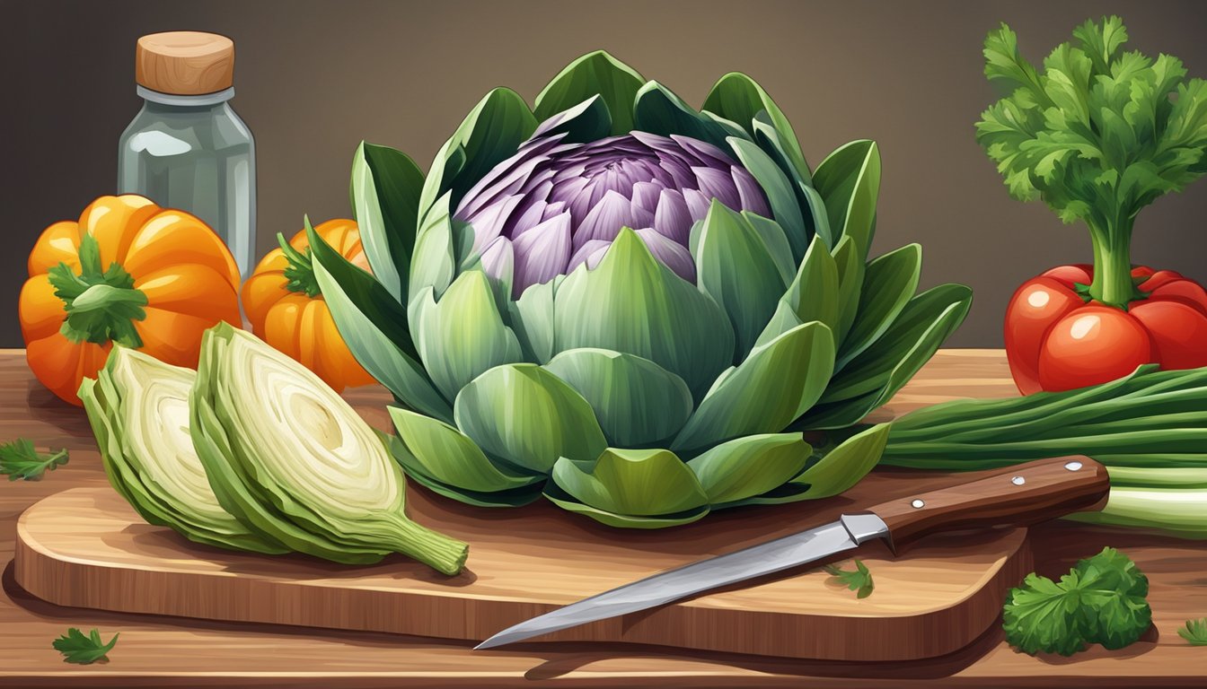 An artichoke on a cutting board surrounded by other fresh vegetables, with a knife nearby