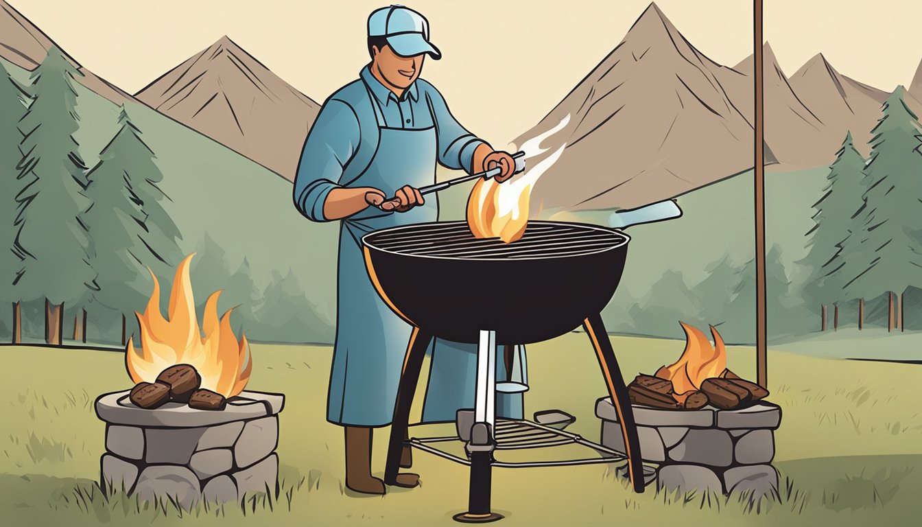 A person grilling venison over an open flame, using a meat thermometer to ensure it is cooked to a safe temperature