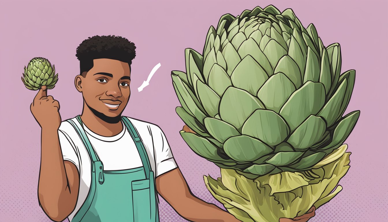 A person holding a raw artichoke, with a question mark above their head. A crossed-out symbol appears over the artichoke